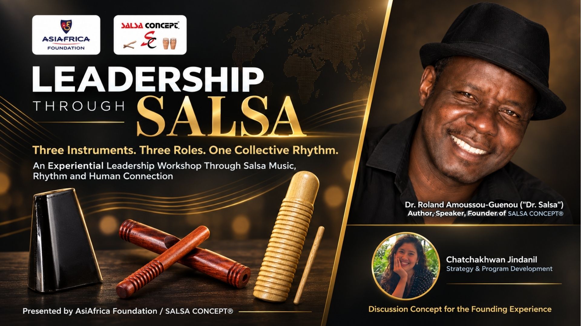SALSA CONCEPT® Leadership Through Salsa workshop concept visual featuring percussion instruments, Dr. Roland Amoussou-Guenou and Chatchakhwan Jindanil.