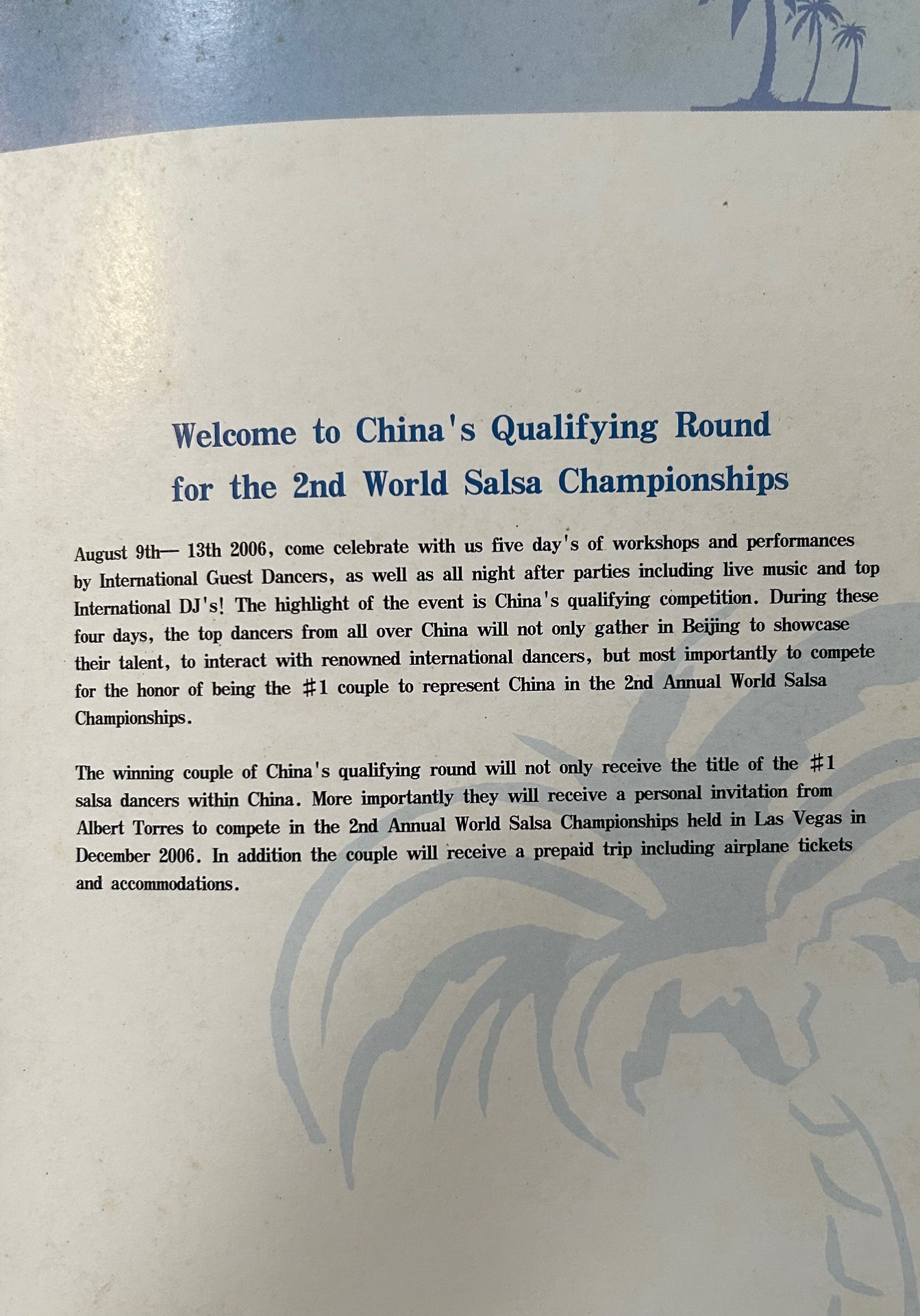 Welcome page of the 2006 Beijing programme booklet introducing China's Qualifying Round for the 2nd World Salsa Championship.