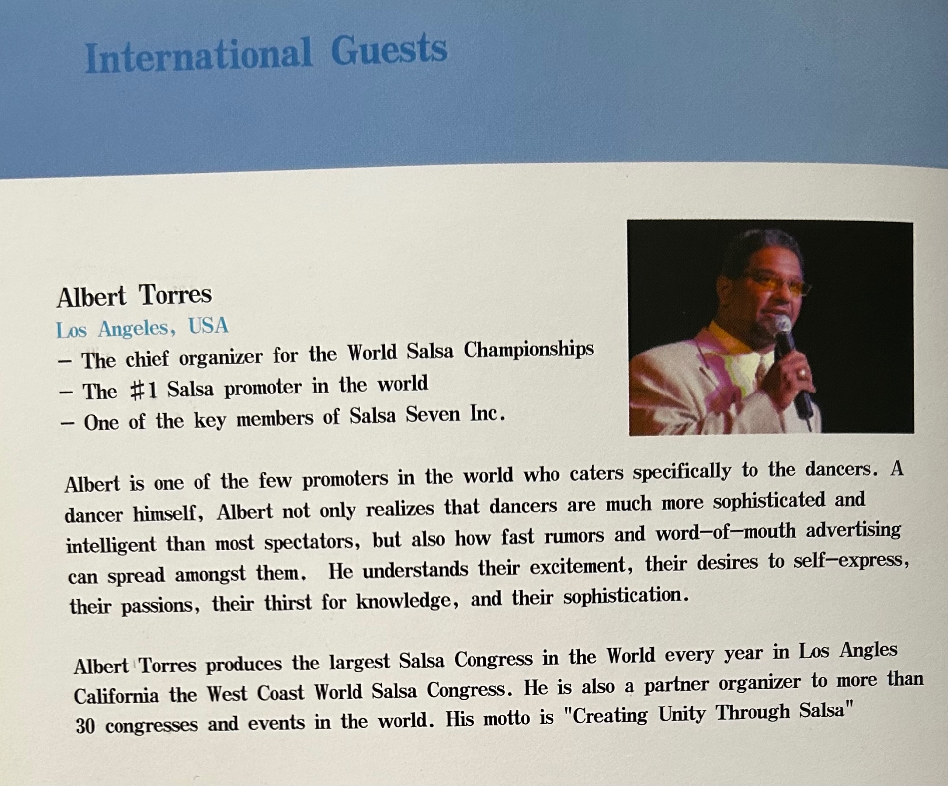 International guests page of the 2006 Beijing programme booklet presenting Albert Torres, chief organizer of the World Salsa Championships.