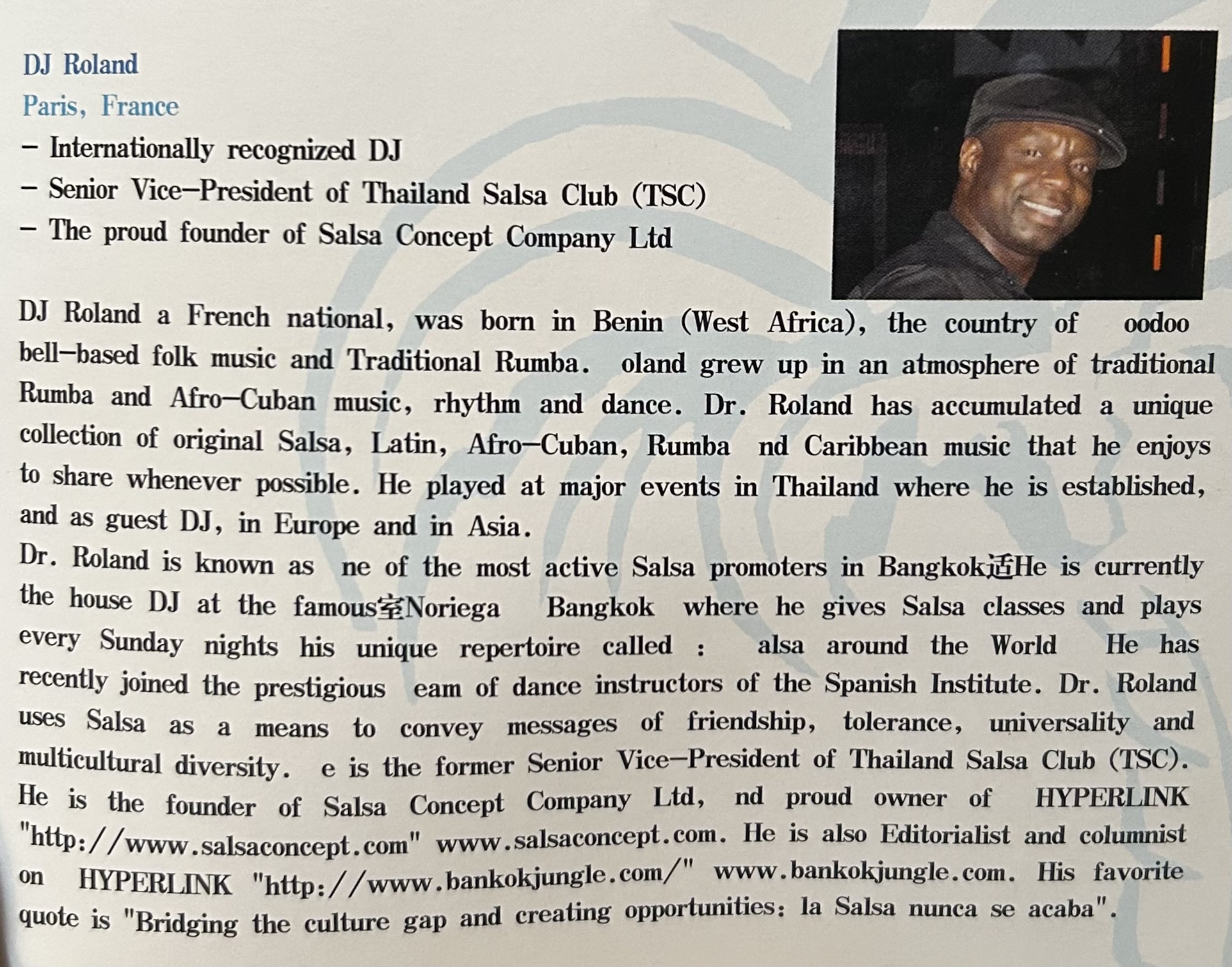 International guests page of the 2006 Beijing programme booklet presenting DJ Roland, founder of SALSA CONCEPT®.